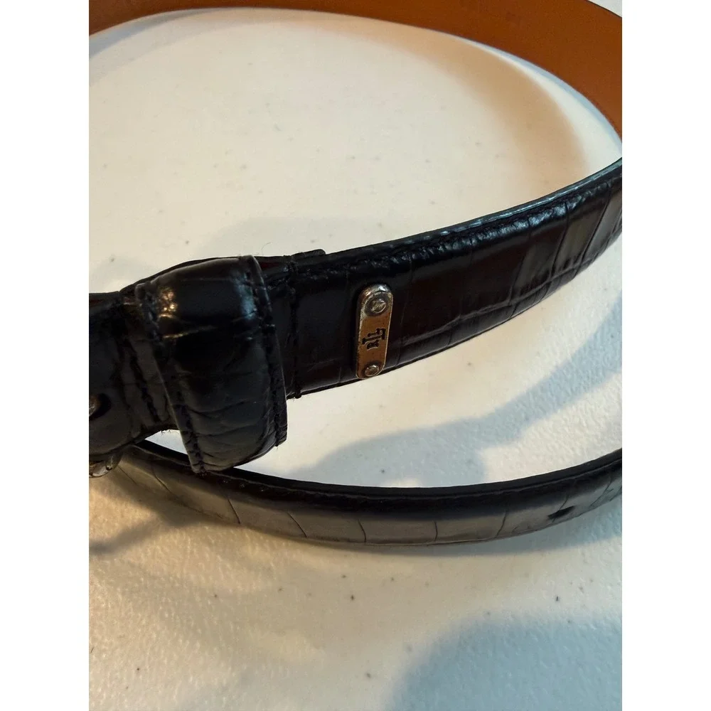 Lauren Ralph Lauren Black Croc Embossed Italian Leather Belt Silver Buckle L